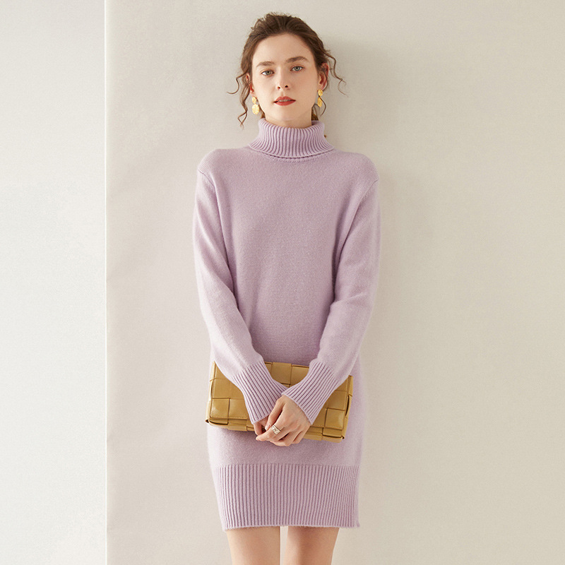 高翻领羊绒连衣裙女士中长款修身毛衣裙秋冬新款长袖套头A字毛裙