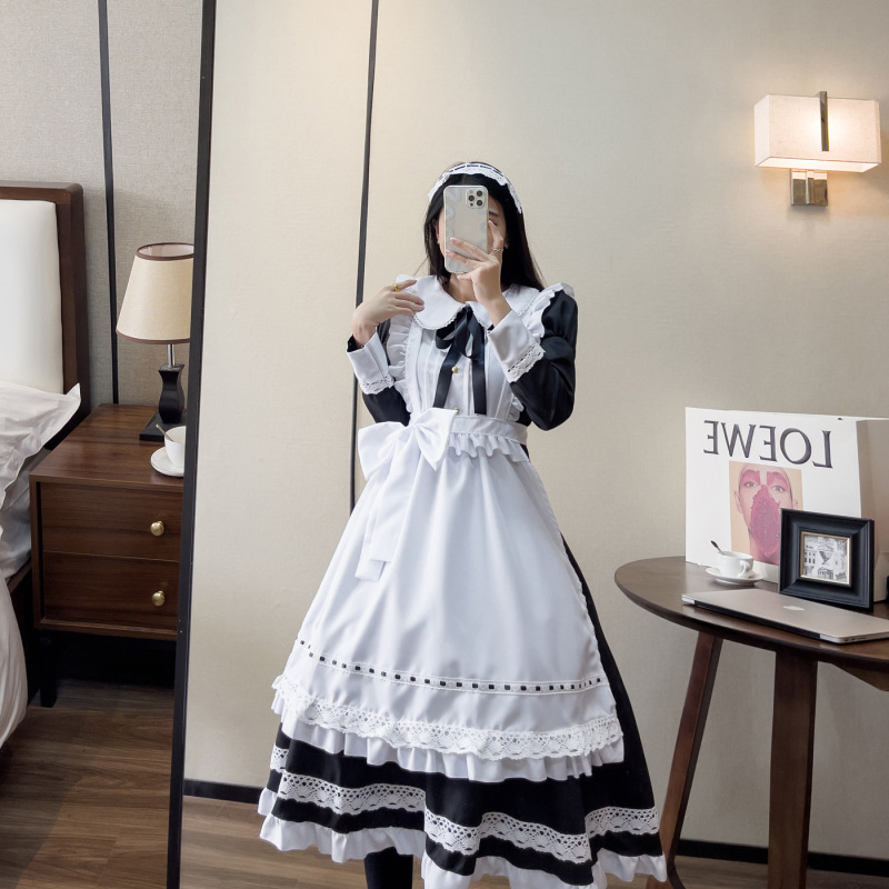 伝統的なメイドのロングスカートの長袖のメイド服の偽娘のイギリスの執事のコスプレの日系の制服のかわいいワンピース|undefined