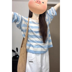 ブルーストライプ日焼け止め長袖tシャツ女性夏2025新型ゆるい痩せ感薄いブラウス上着