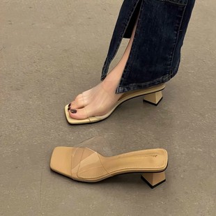 Casual home slippers women's outdoor wear 2024 Summer new fashion all-match high-grade mid heel sandals women