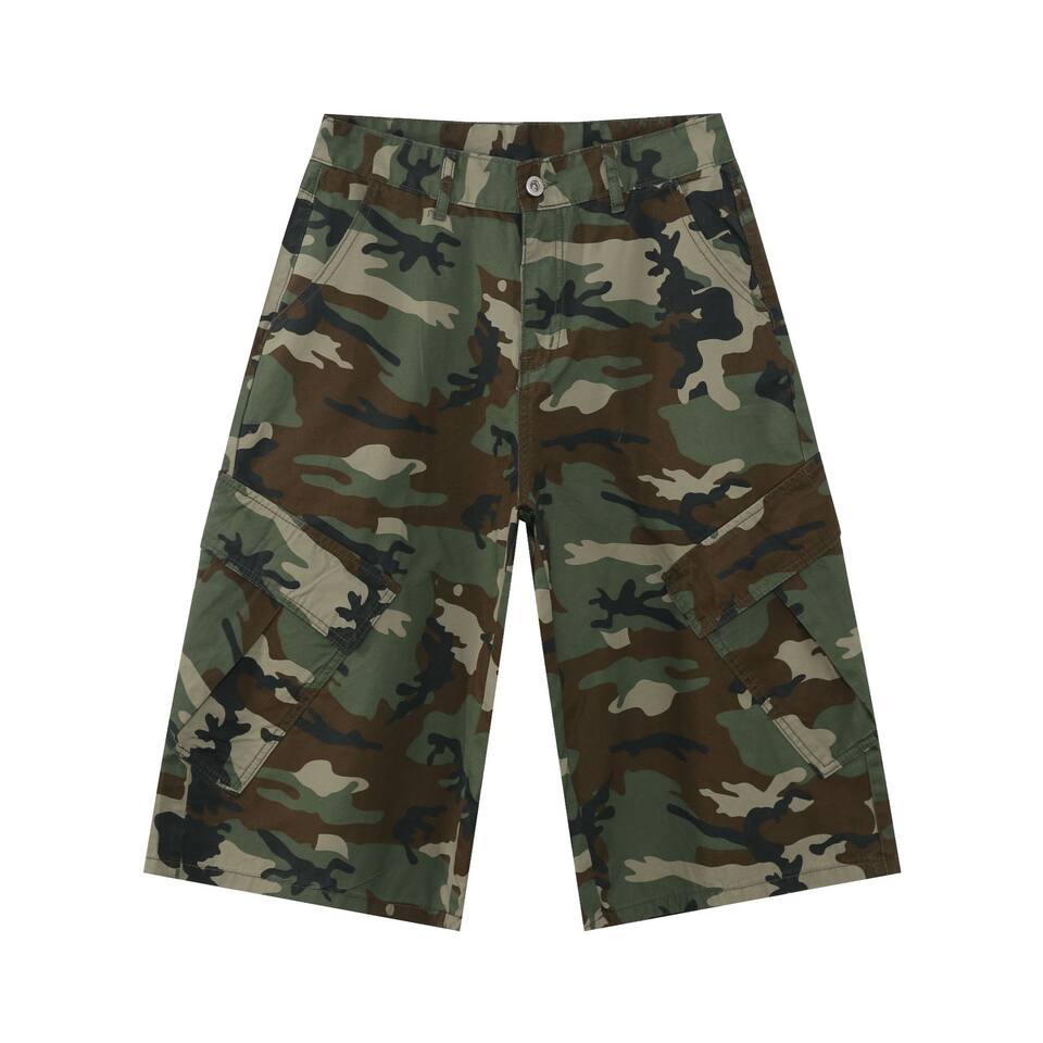 Quần short denim rằn ri nhiều túi ống rộng ống đứng — Rằn ri