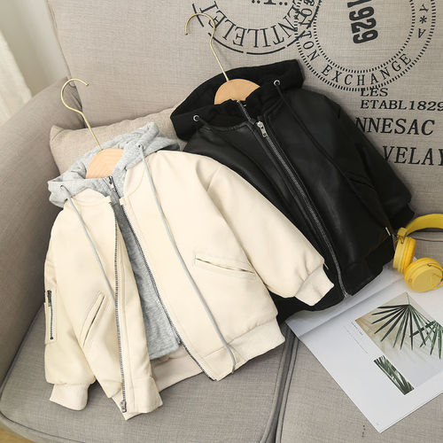 Children's winter padded leather jacket 2025, unisex faux two-piece leather jacket for toddlers, fashionable outerwear for babies