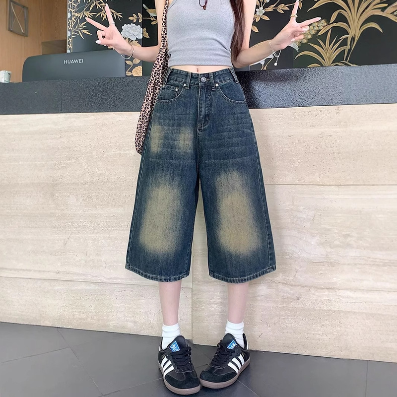 Hong Kong Style Trendy Women's Summer New 2024 Personalized Street Jeans Hip-Hop Ins Trendy High Street Fashion Cool Cropped Pants