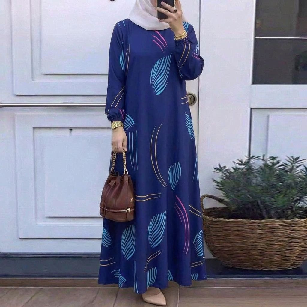 In Stock Cross-Border New Printed Middle Eastern Muslim Malay Full Sleeve Round Neck Robe Long Dress Factory Wholesale_ecoleips.com