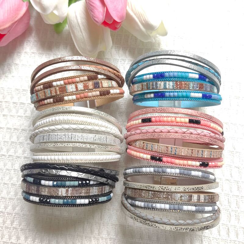 Cross-Border Hot-Selling Bohemian Style Leather Bracelet for Women with Alloy Magnetic Buckle Multi-Layer Bracelet Popular Jewelry Wholesale
