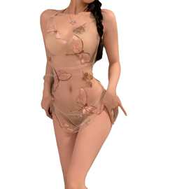 夜火火性感情趣内衣透视纯欲挂脖系带蝴蝶刺绣睡衣短裙挑逗激情睡