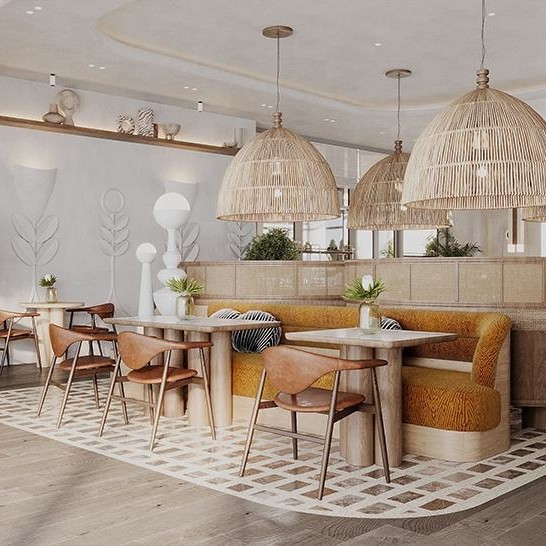 Café de madera mesa y silla de café de madera maciza tejida de vidano y arena de desarrollo de muebles de mesa y silla de restaurante hotel