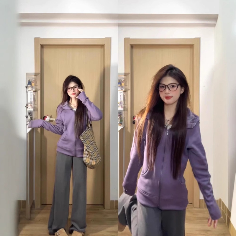 Cardigan Slim-Fit Sweatshirt Jacket for Women, Autumn and Winter, New Hooded Style, Fleece-Lined, Chic, Sports Yoga, Waist-Cinching Zipper Top