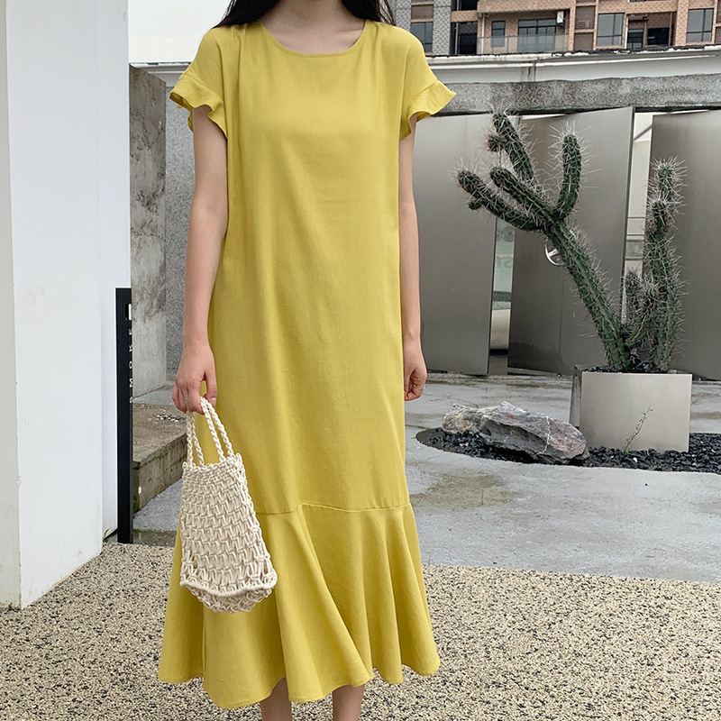In-Stock Real Shot Korean-Style Loose Slimming Elegant Casual Cotton-Linen Dress with Ruffled Hem Long Summer Dress