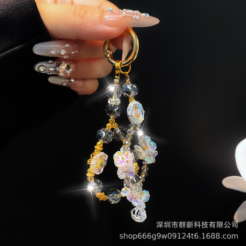 重工nv琉璃花水晶串珠diy挂件 爆闪宝石双链可拆挂饰手机包包挂链|undefined