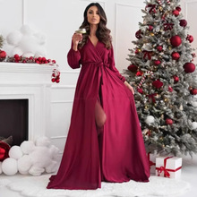 欧美风格春夏季V领时尚收腰系带开叉气质长袖连衣裙长裙圣诞礼服