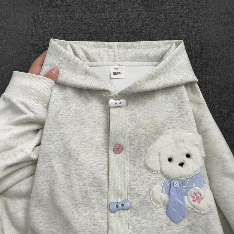 Cute Plush Puppy Embroidered Hooded Cardigan Sweatshirt for Women, New Spring and Autumn Style, Loose and Lazy Style, Korean Style Jacket