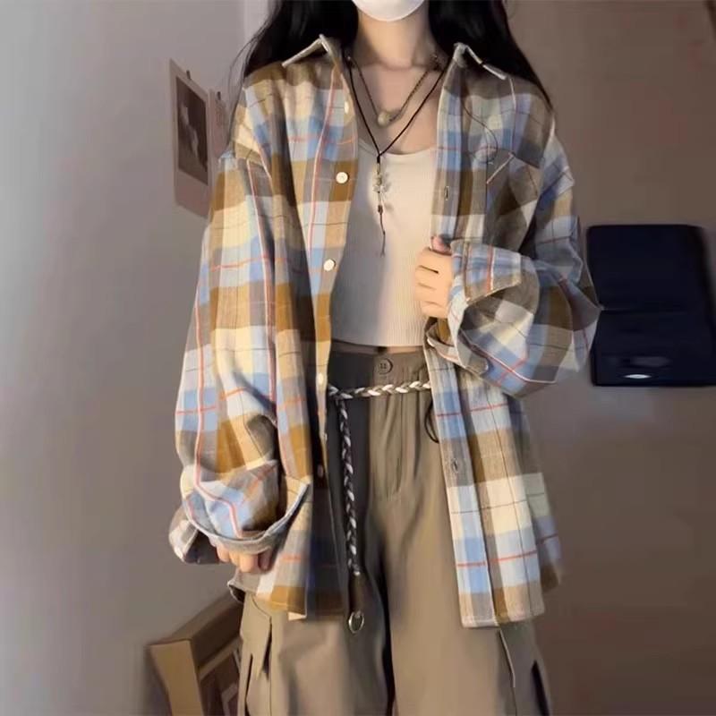 满江月美式复古撞色格子衬衫女2025新款秋季慵懒风宽松薄款衬衣潮|undefined