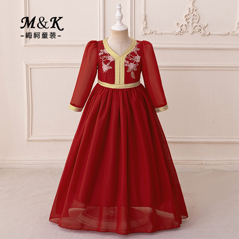 Ropa de niñas vestido de princesa vestido bordado vestido de mangas largas vestido de chiffon vestido de cumpleaños de niñas vestido de niño