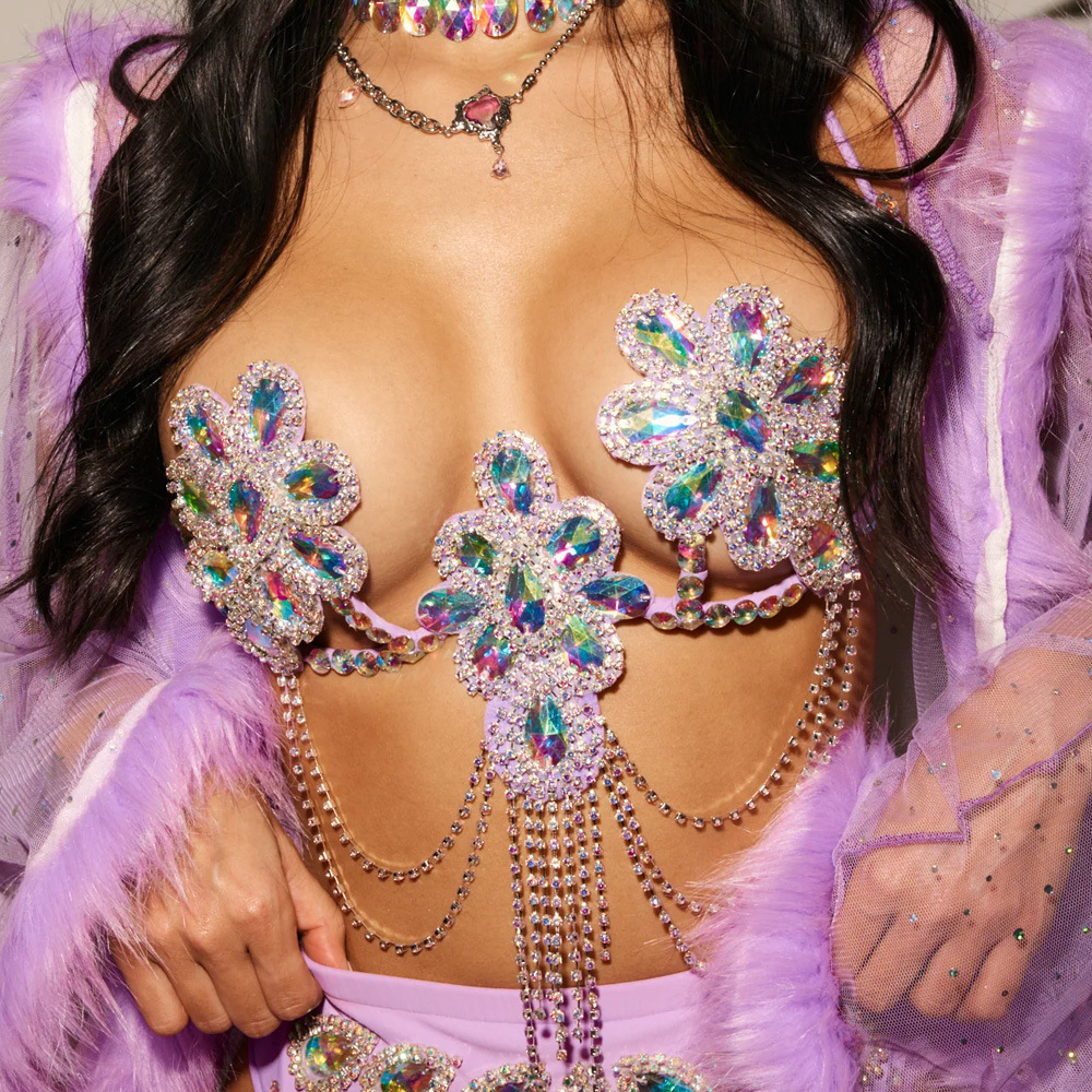 Europa y América nueva cadena de pecho rhinestone moda sexy en forma de flor borla pecho accesorios sexy joyería cuerpo cadena