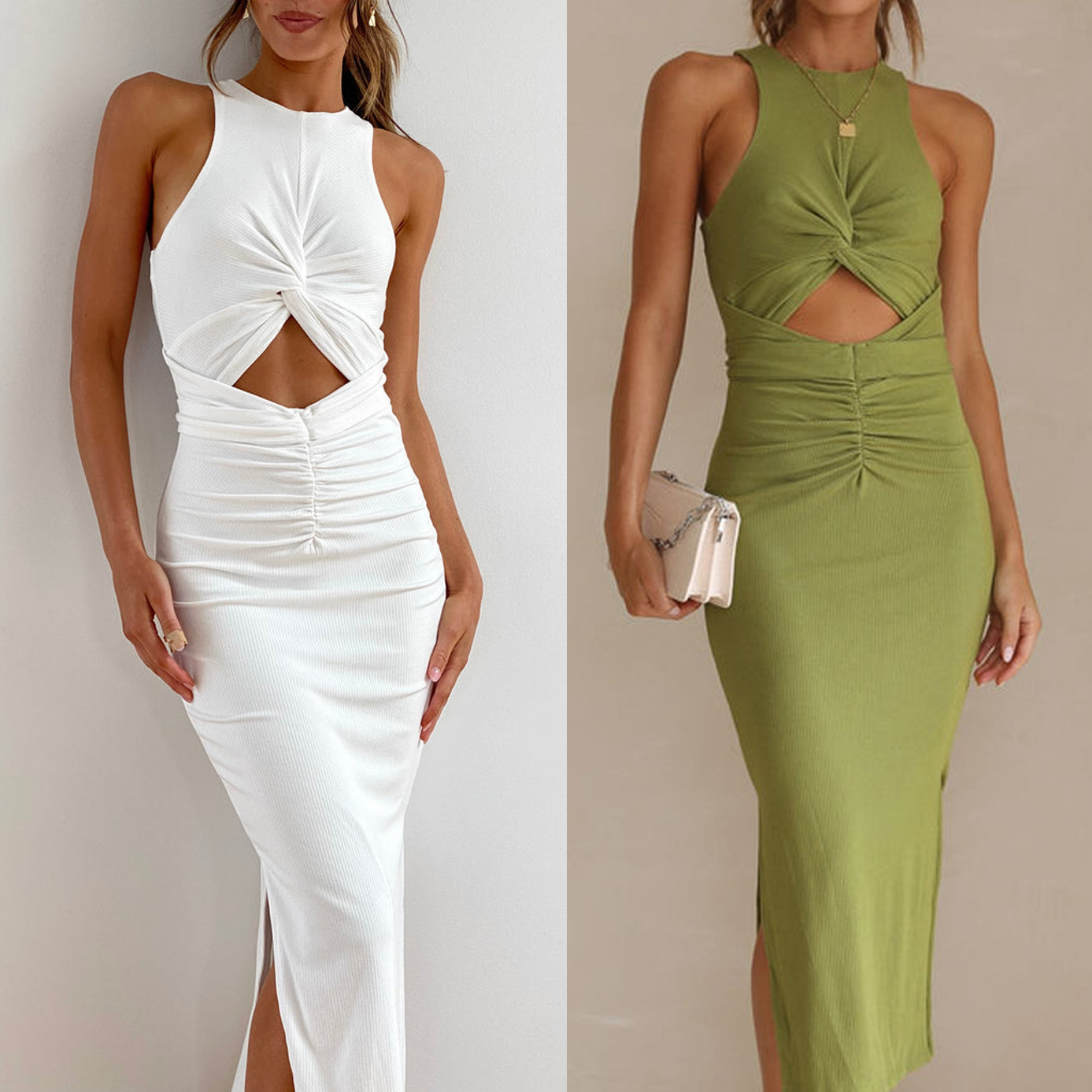 280g Weight Midi Dress Dress Length Type Wholesale Women'S Sexy Patchwork Solid Color Party Round Neck Sleeveless A-Line Skirt