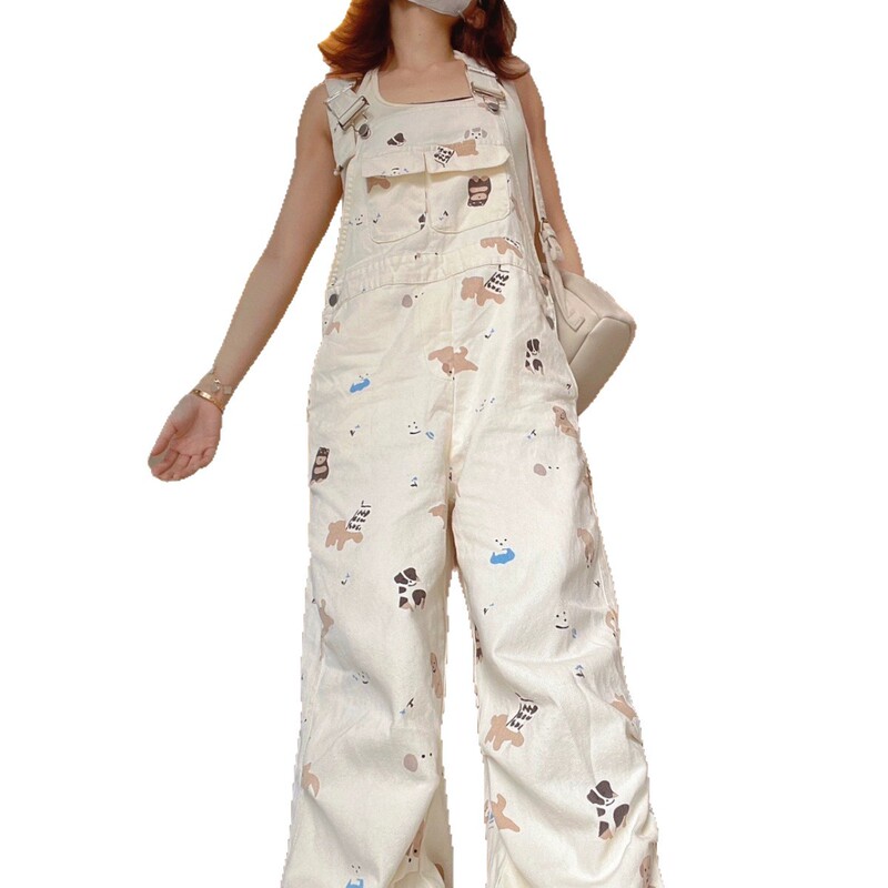 Milk Print Overalls for Women 2025 New Summer Cute Age-Reducing Loose Slimming Lazy Style Wide-Leg Jeans