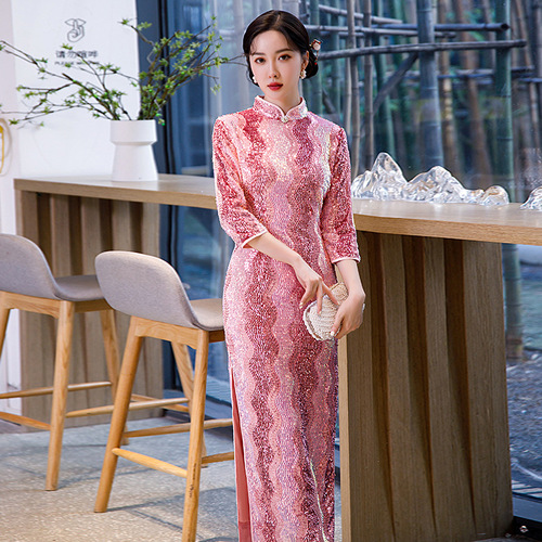 Pink velvet sequined Chinese dresses oriental qipao for women girls model show miss etiquette catwalk cheongsam Plus size host singers long performance stage cheongsam