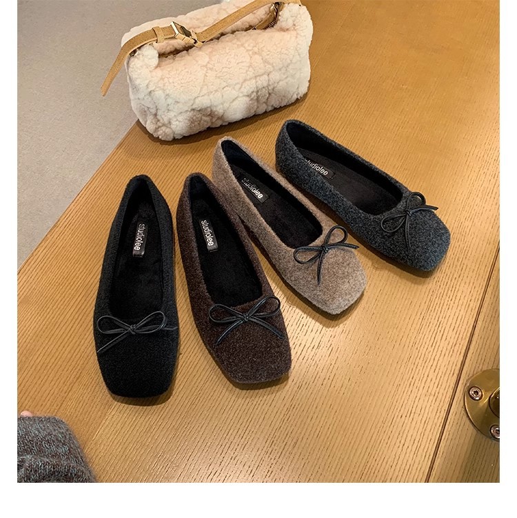 Grape Mom otoño e invierno nueva moda lazo lana terciopelo cálido boca baja ballet zapatos planos mujeres