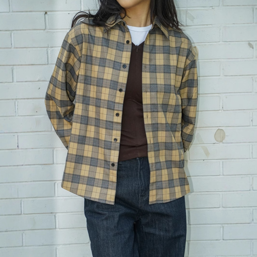 새로운 레트로 격자 무늬 느슨한 어깨 격자 무늬 긴팔 셔츠 노란색 턴 오버 격자 무늬 캐주얼 여성 4415