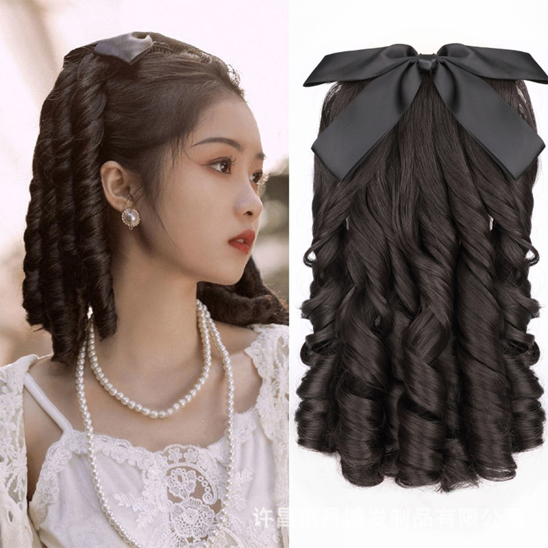 Ponytail Wig Women's Republic of China Style Retro Bow Wig Court Curly Hair Simulation Princess Youtiao Roman Curly Wig