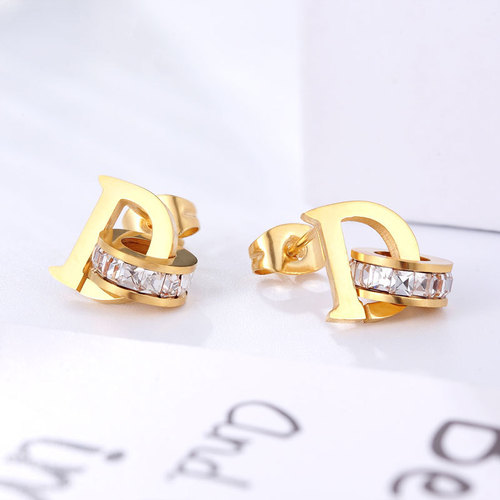 New Personality Gold D Letter Square Diamond Earrings Creative Style Simple Girl Earrings Rose Gold Earrings Wholesale