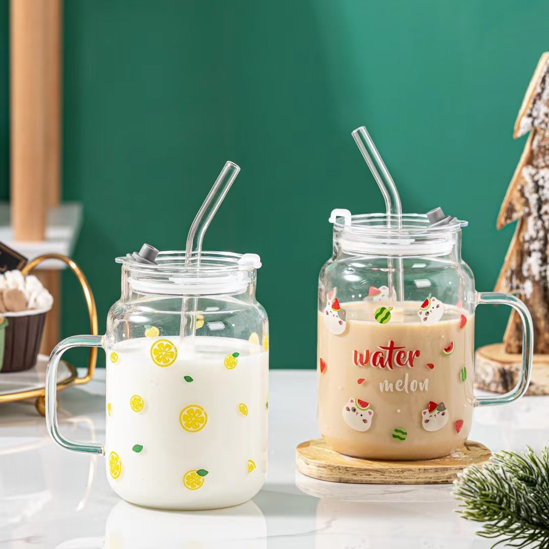 Creativo transparente vidrio paja personalidad de dibujos animados taza leche con mango animal lindo agua Oficina