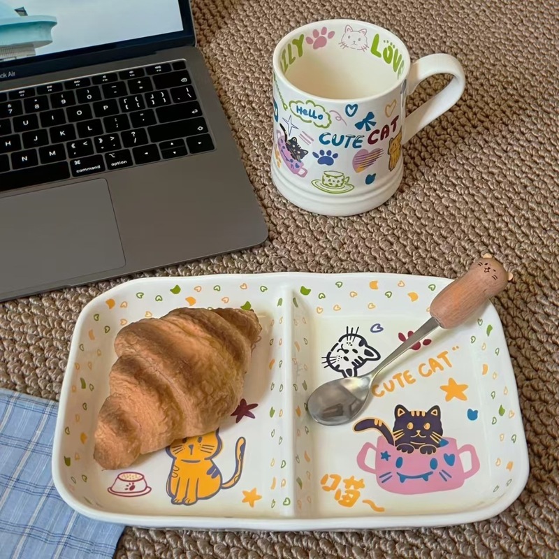 かわいい漫画のセラミックプレート家庭用ラウンドディッシュプレート分割プレートインスタイル朝食プレート一人用食器脂肪低減プレート|undefined