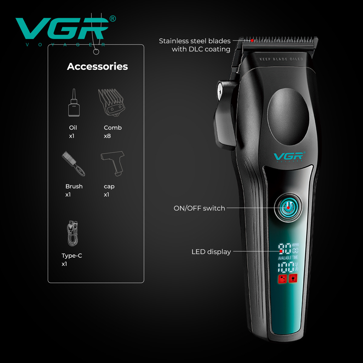 Professional Electric Hair Clipper High-Speed Brushless Motor (9000 RPM) Digital Display Metal Hair Trimmer_voghion.com