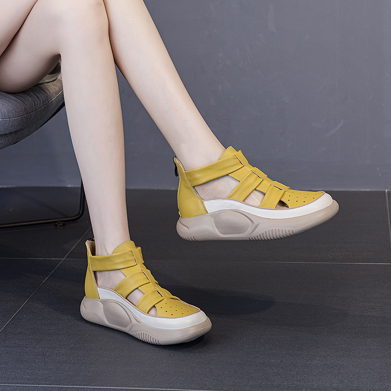 여성용 1층 소가죽 여름 샌들, 라운드 토, 두꺼운 밑창, 천연 가죽, 하이탑, 솔리드 컬러, 뒷지퍼, 로마 스타일, 캐주얼, 힐이 있는 샌들