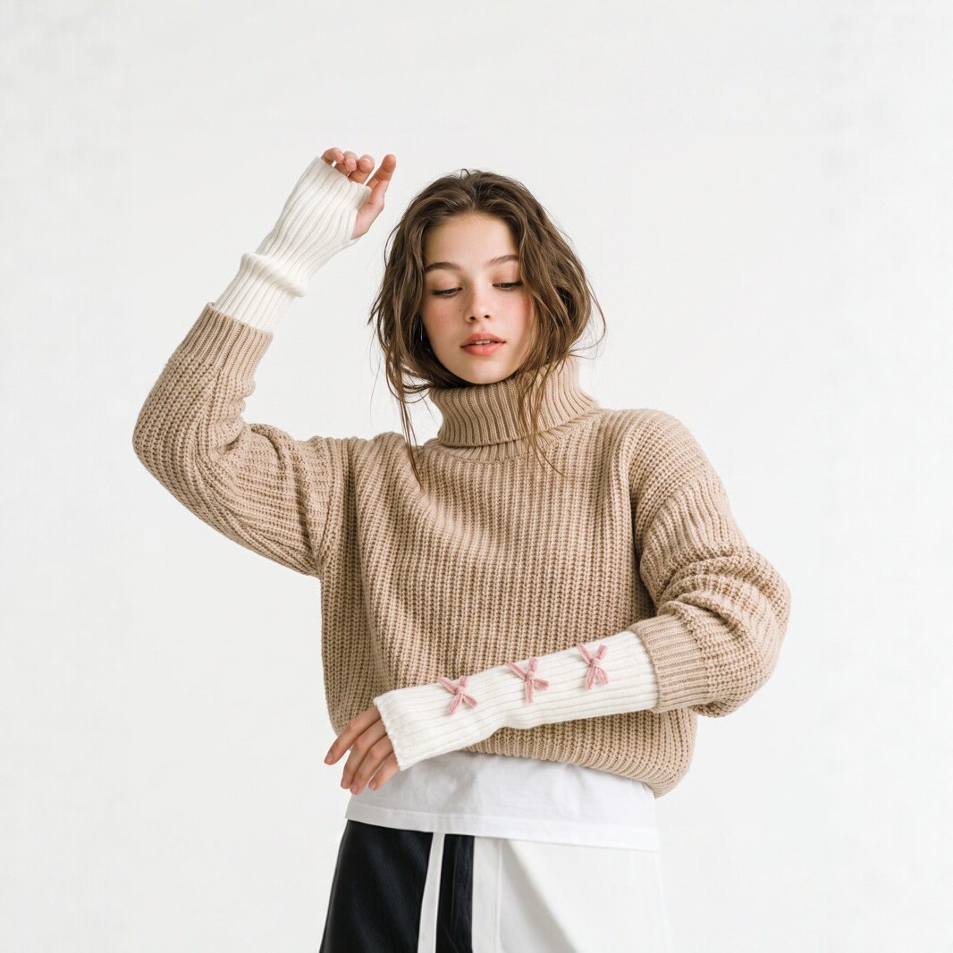 Academy style Y2K mid-length 6-bow gloves for women, autumn and winter knitted warm fingerless arm warmers