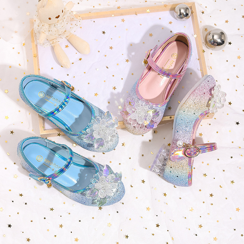 Spring and Autumn New Little Girls Shoes Girls High Heels Children's Rainbow Princess Shoes Children's Crystal Shoes Leather Shoes
