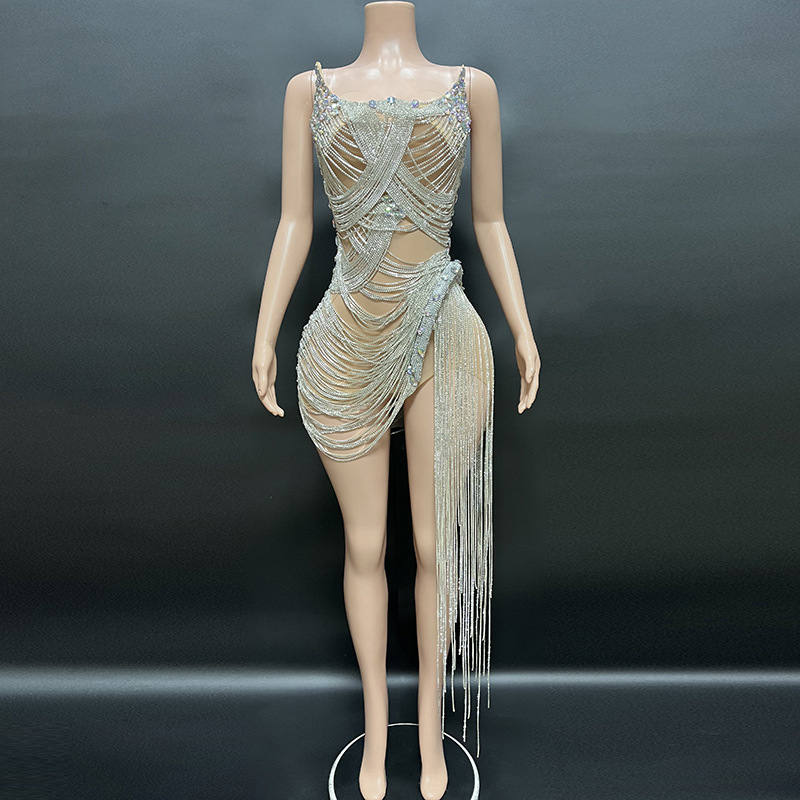 NOVANCE Draped Sparkling Crystal Fancy Dress Sexy Slit Top Women Party Dress