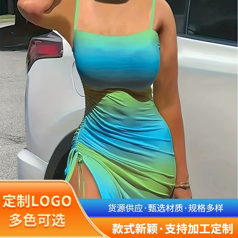 Трансграничное 2024 Европейское и Американское Лето Сексуальная Горячая Девушка без спинки с складками и стройными платьями с цифровым принтом