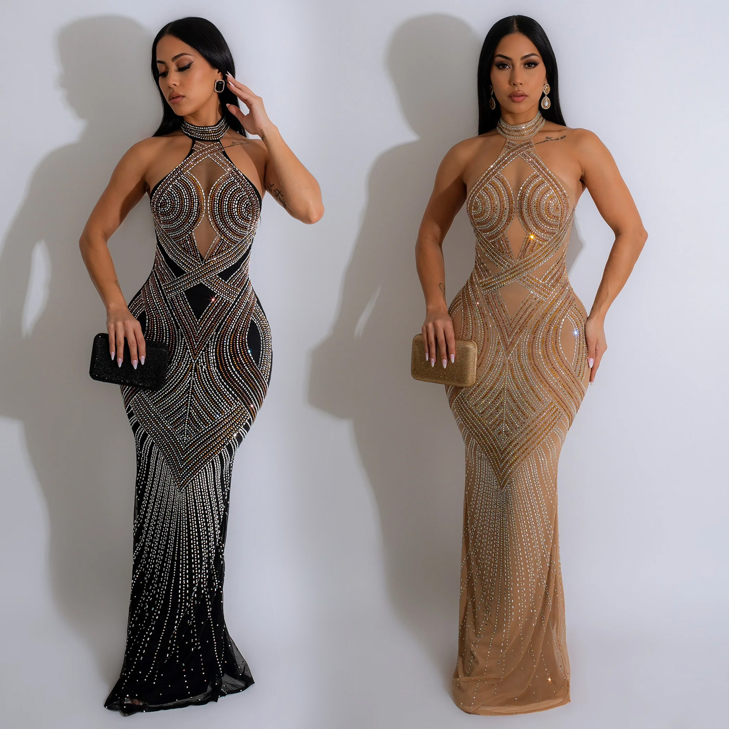 C6811 transfronteriza AliExpress Amazon de moda europea y americana de las mujeres de color sólido de malla rhinestone vestido Halter vestido