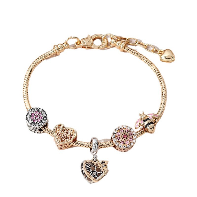 Panjia pulsera Dora DIY cuentas transfronterizas abejas goteando aceite redondo aleación de diamante adhesivo brazalete colgante en forma de corazón