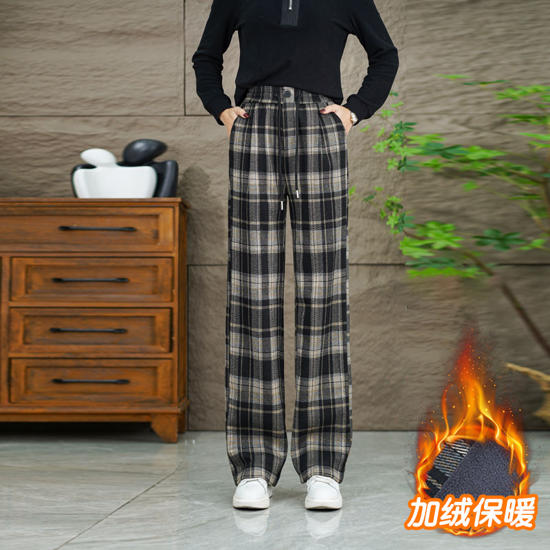 加絨加厚毛呢格子闊腿褲女窄版秋冬季新款高腰顯瘦保暖休閒直筒褲