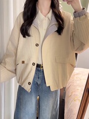 早秋日系短款夹克外套女款秋2025新款小个子休闲立领格纹撞色上衣