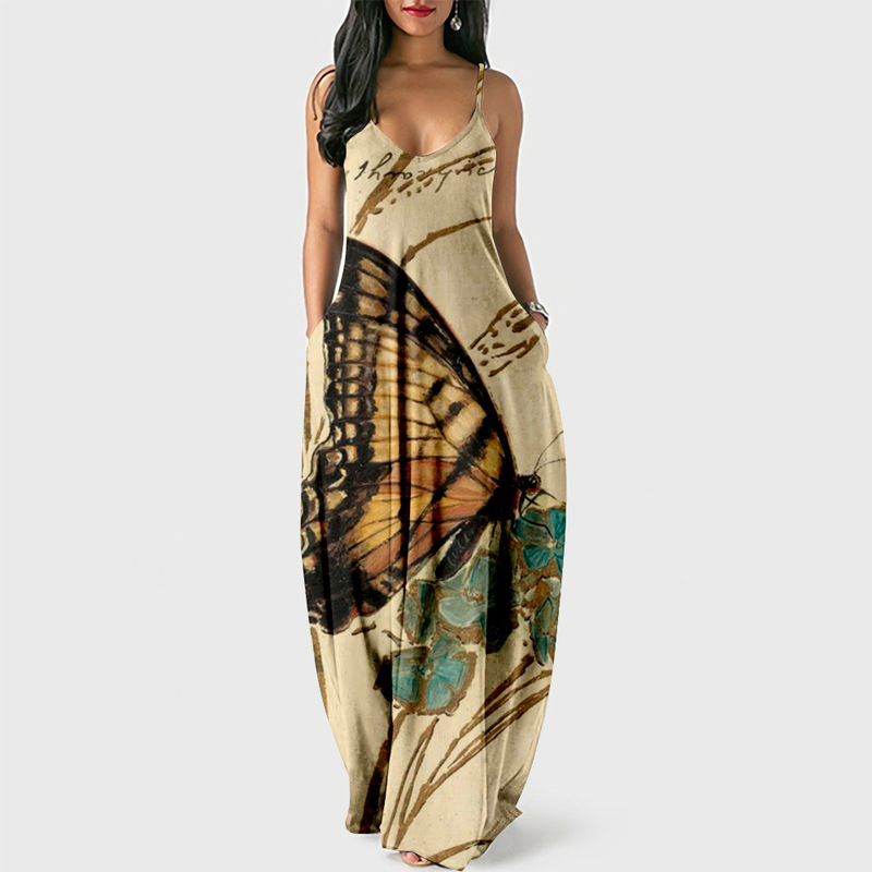 New Amazon Summer Cool Strap Long Dress Creative Loose Waist Digital Printed Elegant Street Dress