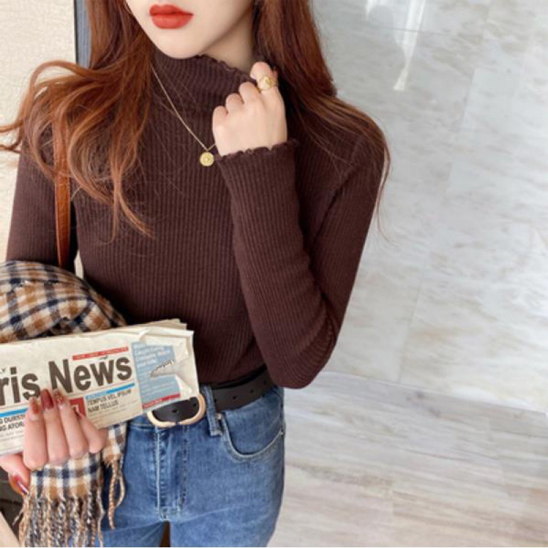 Otoño e invierno nuevo forro polar engrosado de terciopelo de una pieza suéter de mujer medio cuello alto color sólido interior estilo occidental suéter de fondo moda femenina