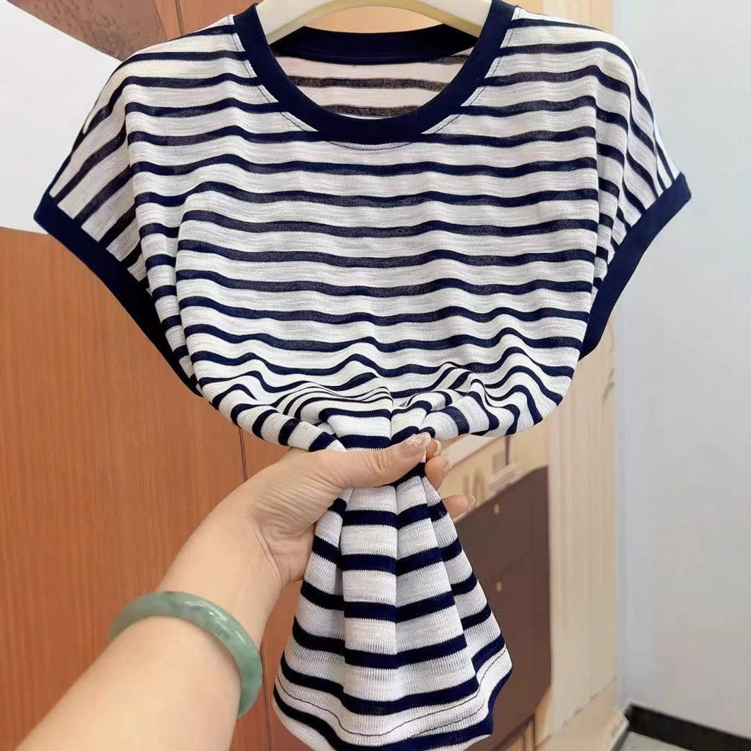 Круглый вырез, без рукавов, полосатый вязаный топ 2025, летняя новинка, большой размер, утягивающий пуловер, вязаная футболка