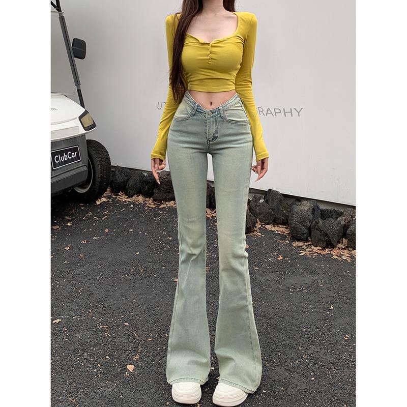 辣妹低腰V腰微喇牛仔裤女2025年秋季新款显瘦弹力提臀怀旧喇叭裤|undefined