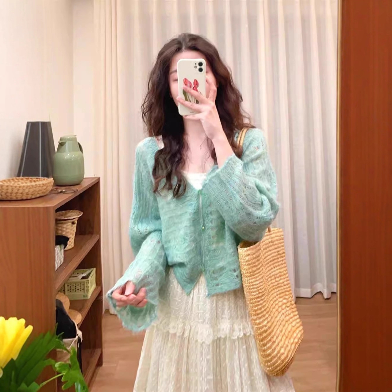 薄荷曼波绿色马海毛镂空针织开衫女春夏宽松外搭毛衣披肩罩衫外套