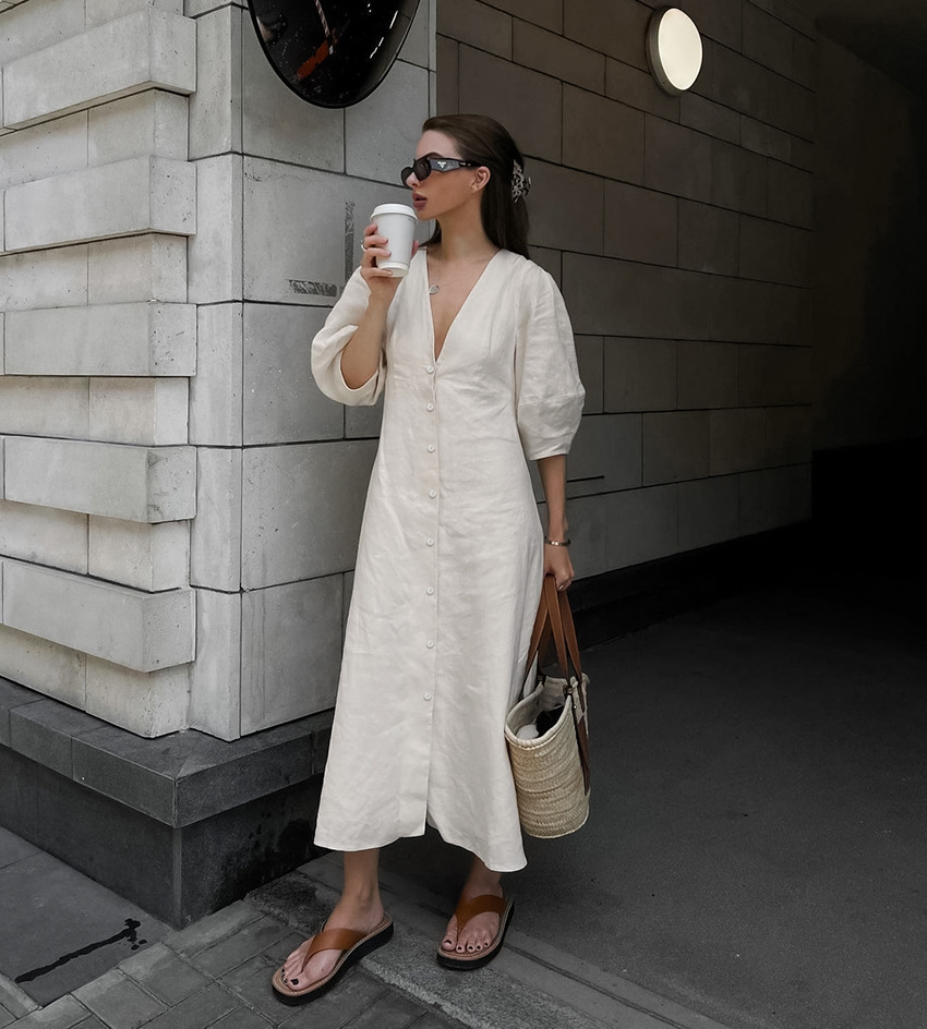 Women's Regular Dress Elegant V Neck Button 3/4 Length Sleeve Solid Color Maxi Long Dress Holiday Daily display picture 17