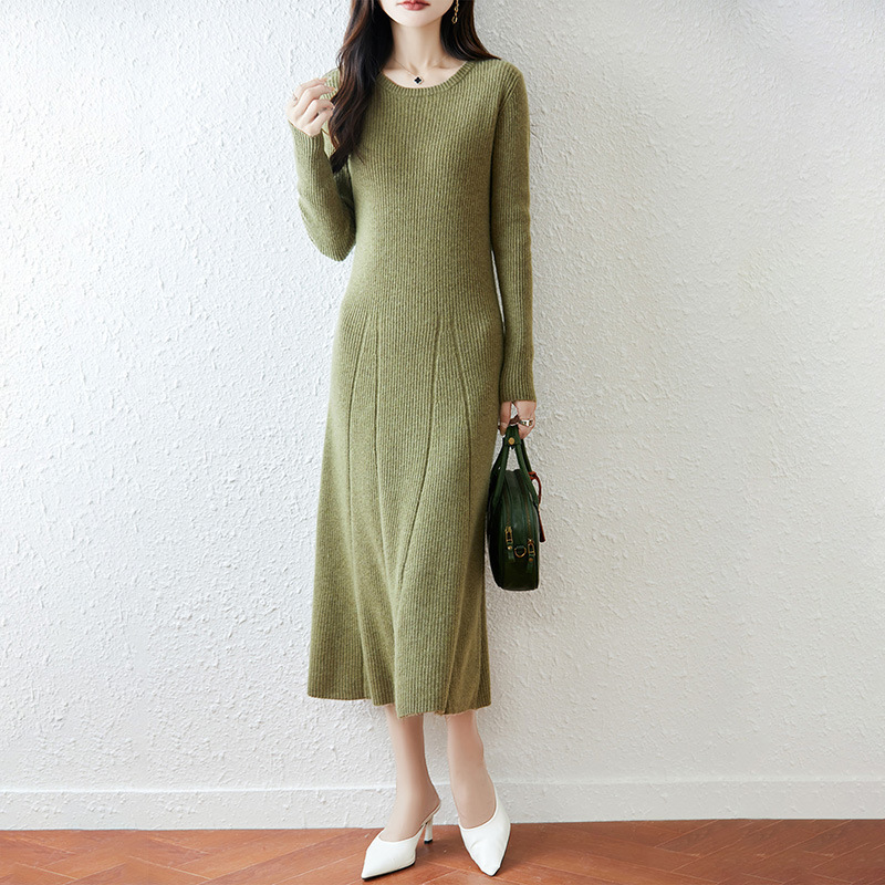 2025 New Autumn and Winter 100 Pure Wool Knitted Dress Women's Long-Sleeved Sweater Waist Slimming Look Long A-Line Skirt