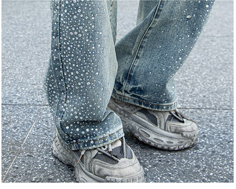 Men's Rhinestone Jeans Straight Leg Denim Pants Trendy Streetwear_voghion.com