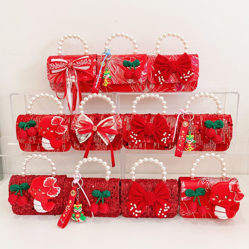 2025 rojo festivo bolso de Año Nuevo para niños estilo occidental perla bolso de niña hilo bordado bowknot bandolera para niños