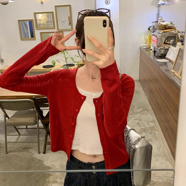 Red Hong Kong Style Vintage Hollow Thin Sunscreen Knitted Cardigan Women's Summer Lazy Style Short Long-sleeved Jacket Top
