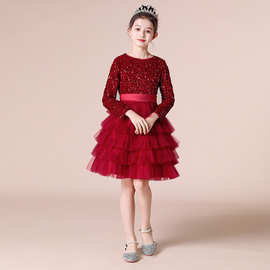 儿童生日礼服女童长袖公主裙蓬蓬纱裙女孩主持人比赛红色礼服冬款