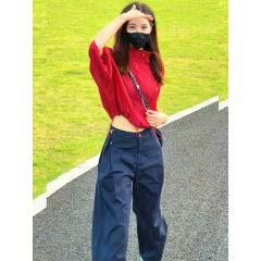 春秋短款红色立领开衫卫衣两件套女2025爆款时尚个性工装裤日套装